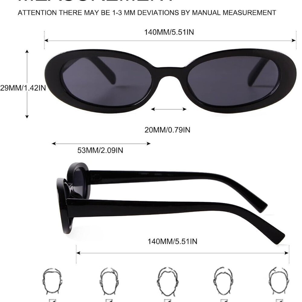 Retro Oval Sunglasses Women Vintage Narrow Small Tortoiseshell Black - Picture 4 of 7